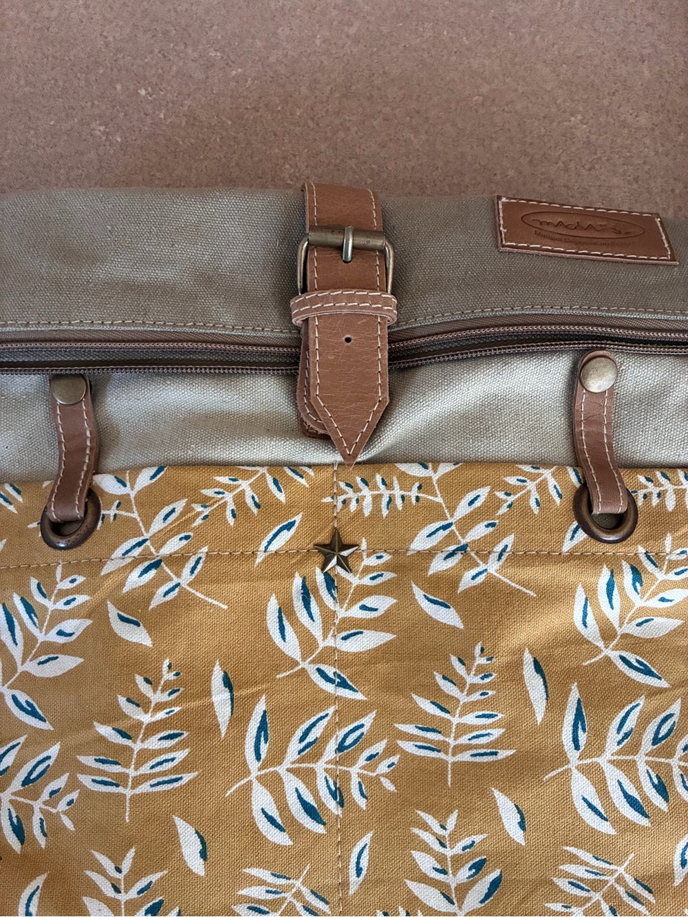 NWT Mustard Colored Leaf Print Canvas Roll-Top Backpack From France 🇫🇷 - Picture 3 of 11